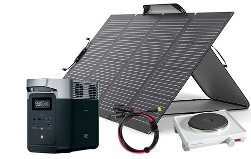 Solarspeicher EcoFlow Delta2 im Set mit 220 W Solarpanel, Adapterkabel und Kochplatte